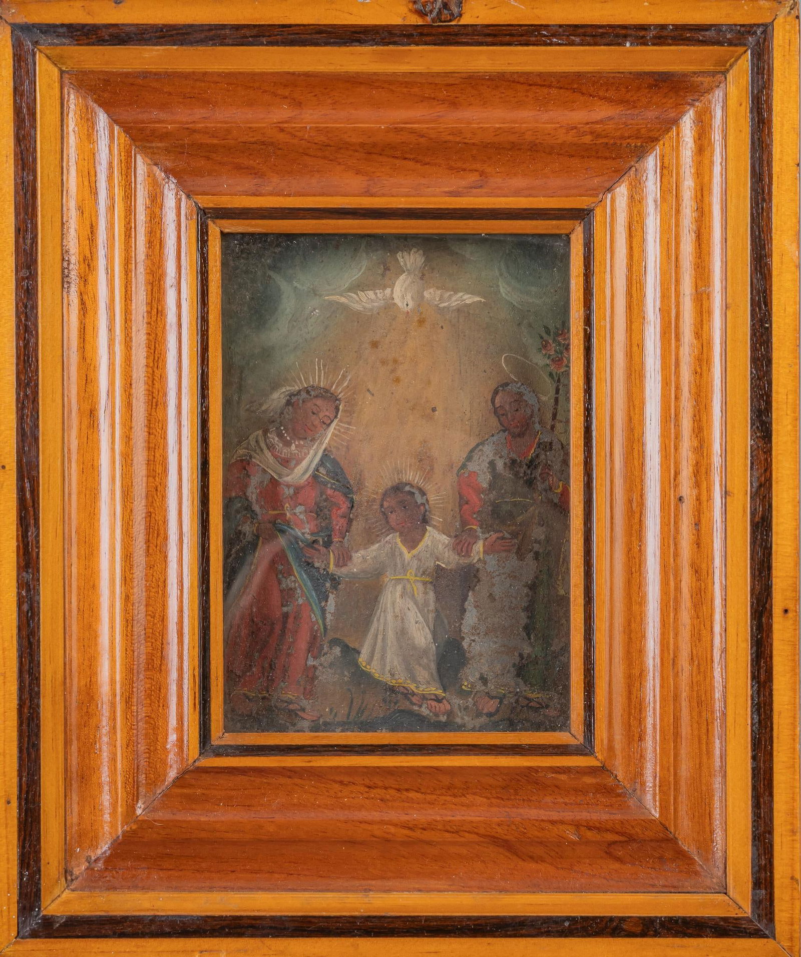 19th C. Mexican Retablo, Sagrada Familia: Mexican retablo, depicting La Sagrada Familia (The Holy Family), oil on tin, circa 19th century, framed height 12 in. x width 10 in. x depth 2.25 in. Provenance: Property from the collection of a Be