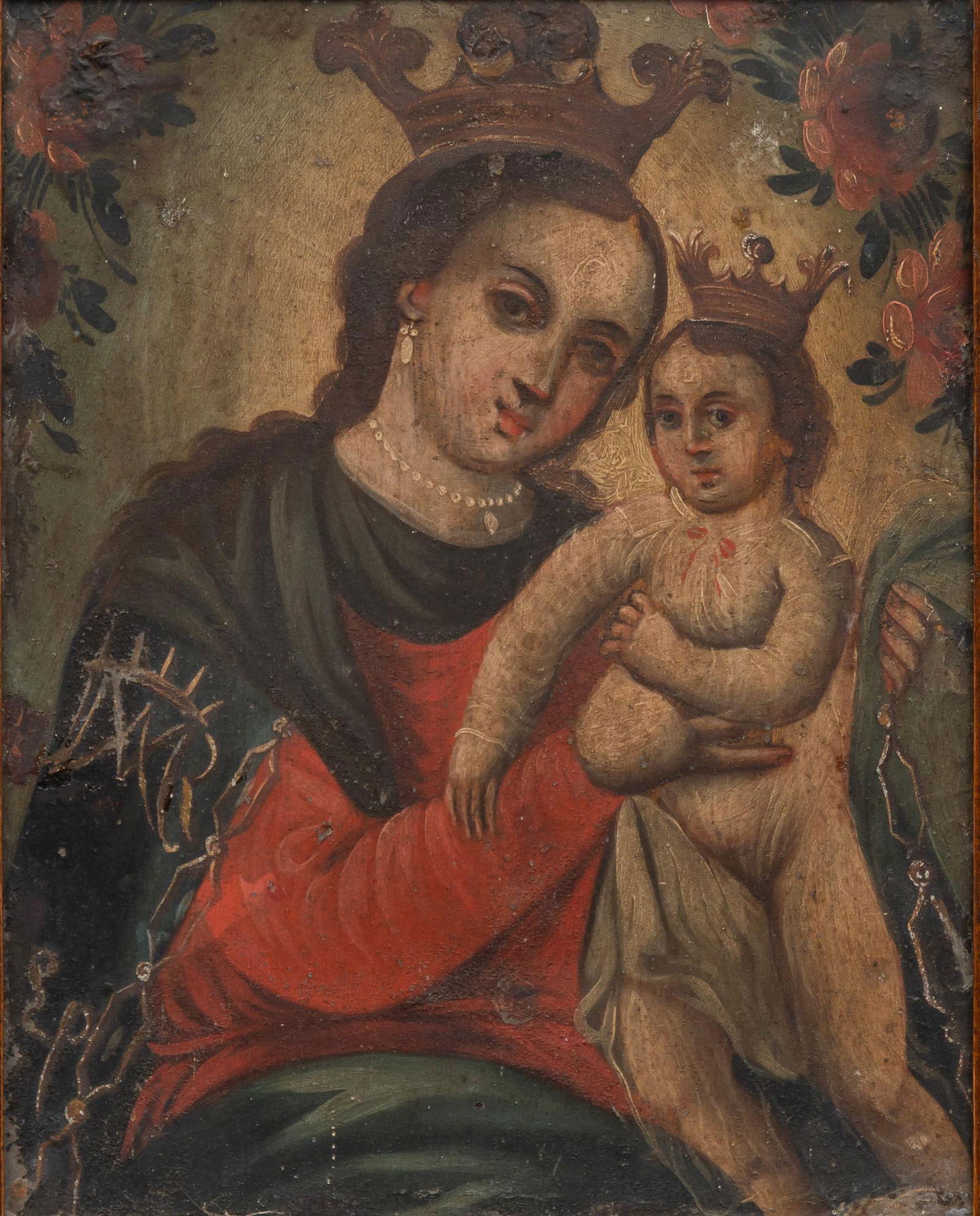 19th C. Mexican Retablo, Virgin and Christ Child: Mexican retablo, depicting virgin and Christ child, oil on tin, circa 19th century, framed sight: 9.5 x 7.5 in., frame: 15.5 x 13.5 in. Shipping available for this lot through our partner 4CL; plea