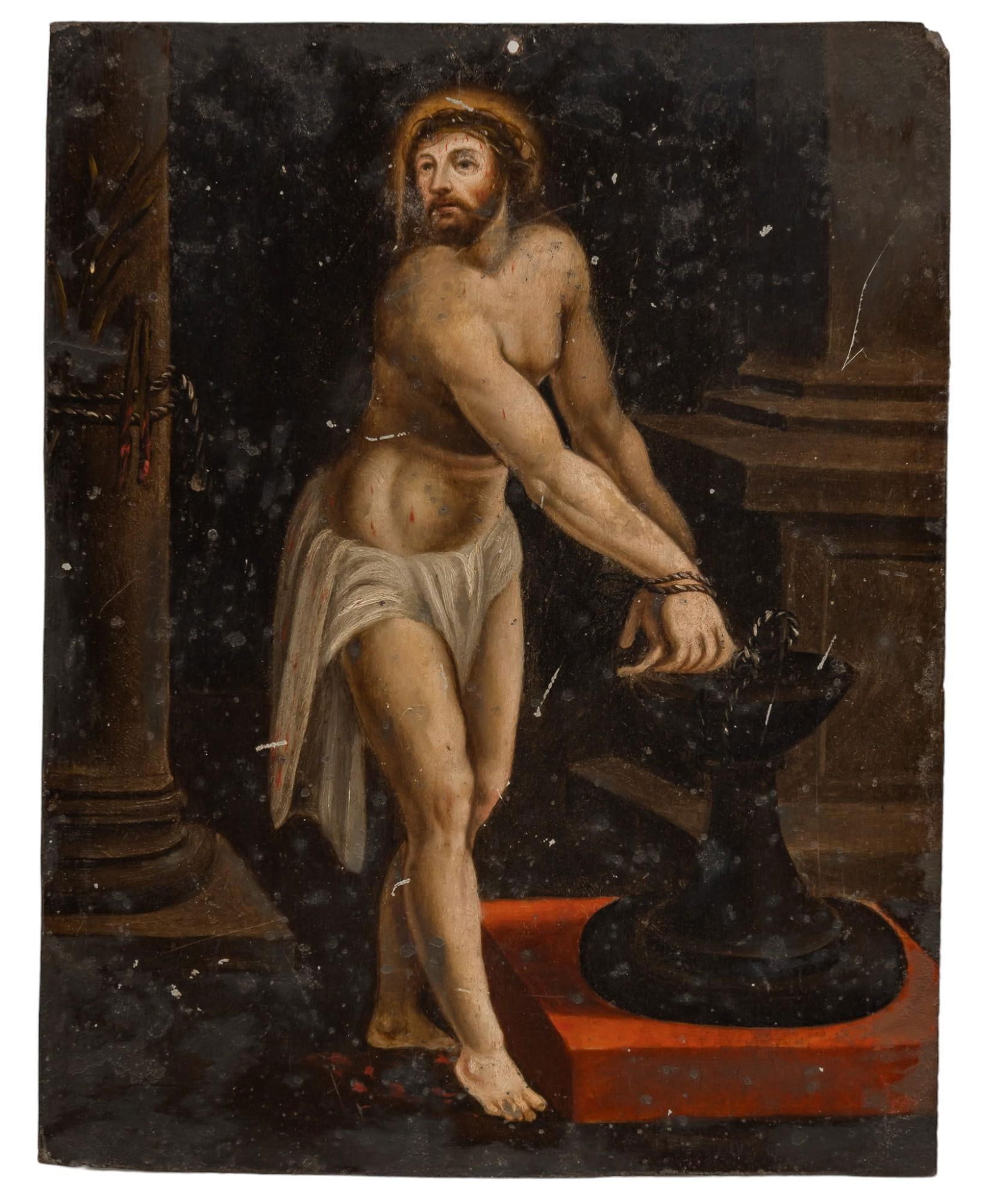 19th C. Retablo, Christ at the Column: Mexican retablo, depicting Christ at the Column, oil on tin, circa 19th century height 8 in. x width 6 in. Provenance: Property from the collection of a San Antonio, Texas gentleman Shipping ava