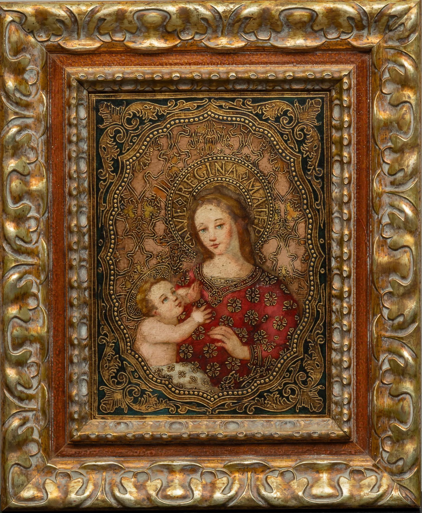 Diana Mendoza, Madonna and Child: Diana Mendoza (Peru, 20th-21st C.), Salve Regina Mater (Hail Mary), oil on canvas sight: 16 in. x 12 in., frame: 24 x 19.5 in. Shipping available for this lot through our partner 4CL; please request a