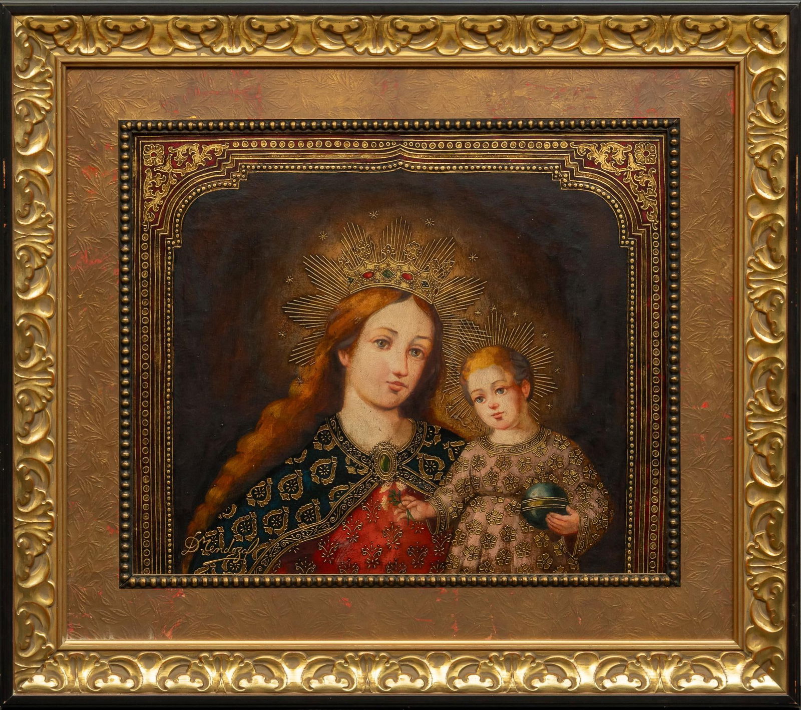 Diana Mendoza, Christ Child with Orb: Diana Mendoza (Peru, 20th-21st C.), Christ Child with orb, oil on canvas sight: 25 x 29 in., frame: 30 x 34 in. Shipping available for this lot through our partner 4CL; please request a shipping quo