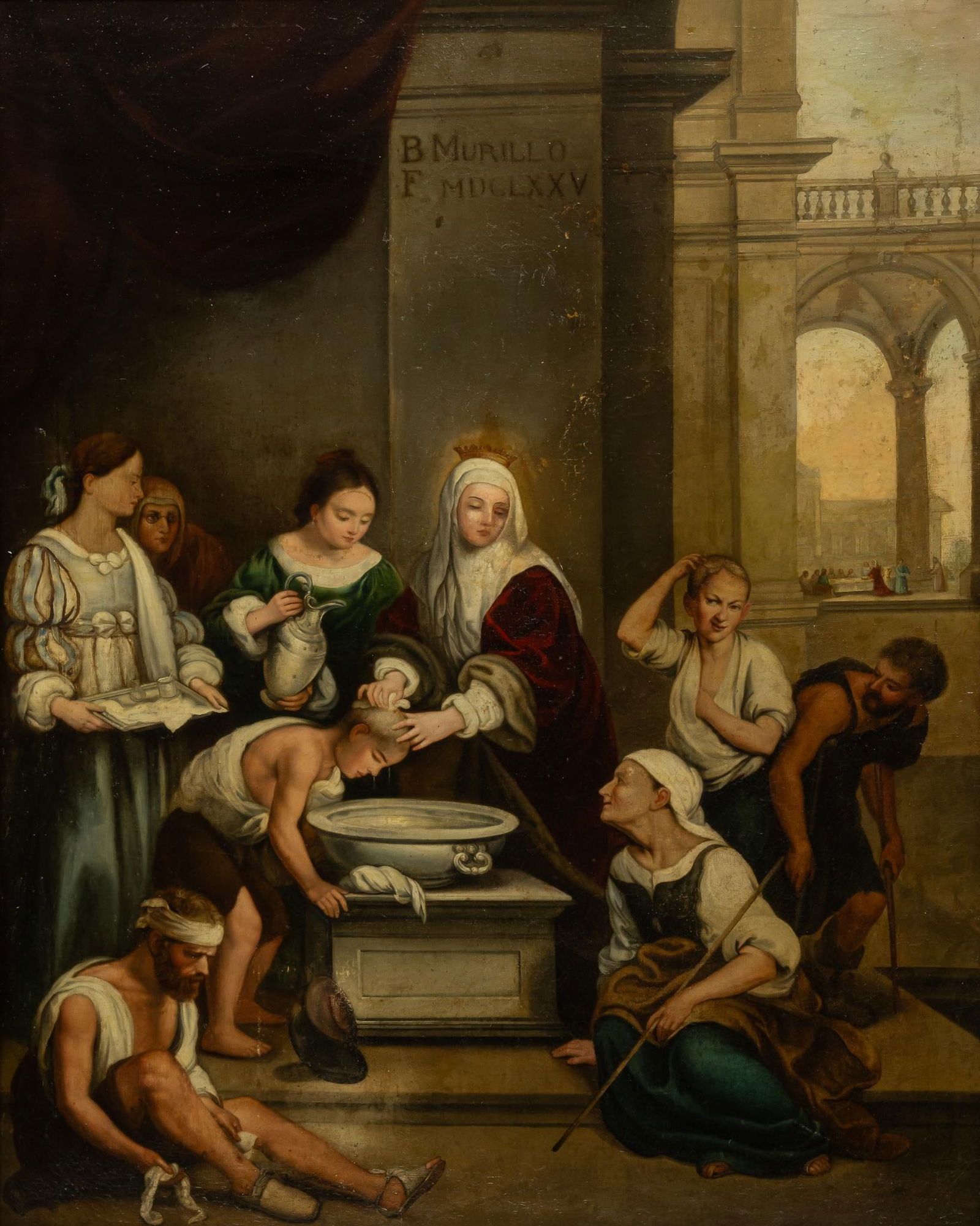 After Murillo, St. Isabel of Hungary Curing the Sick: Nineteenth-century painting in the manner of Bartolome Esteban Murillo (Spain, 1617-1682), St. Isabel of Hungary Curing the Sick (cr. 1672), oil on canvas sight: 60 x 48 in., frame: 67 x 55 in. Prov