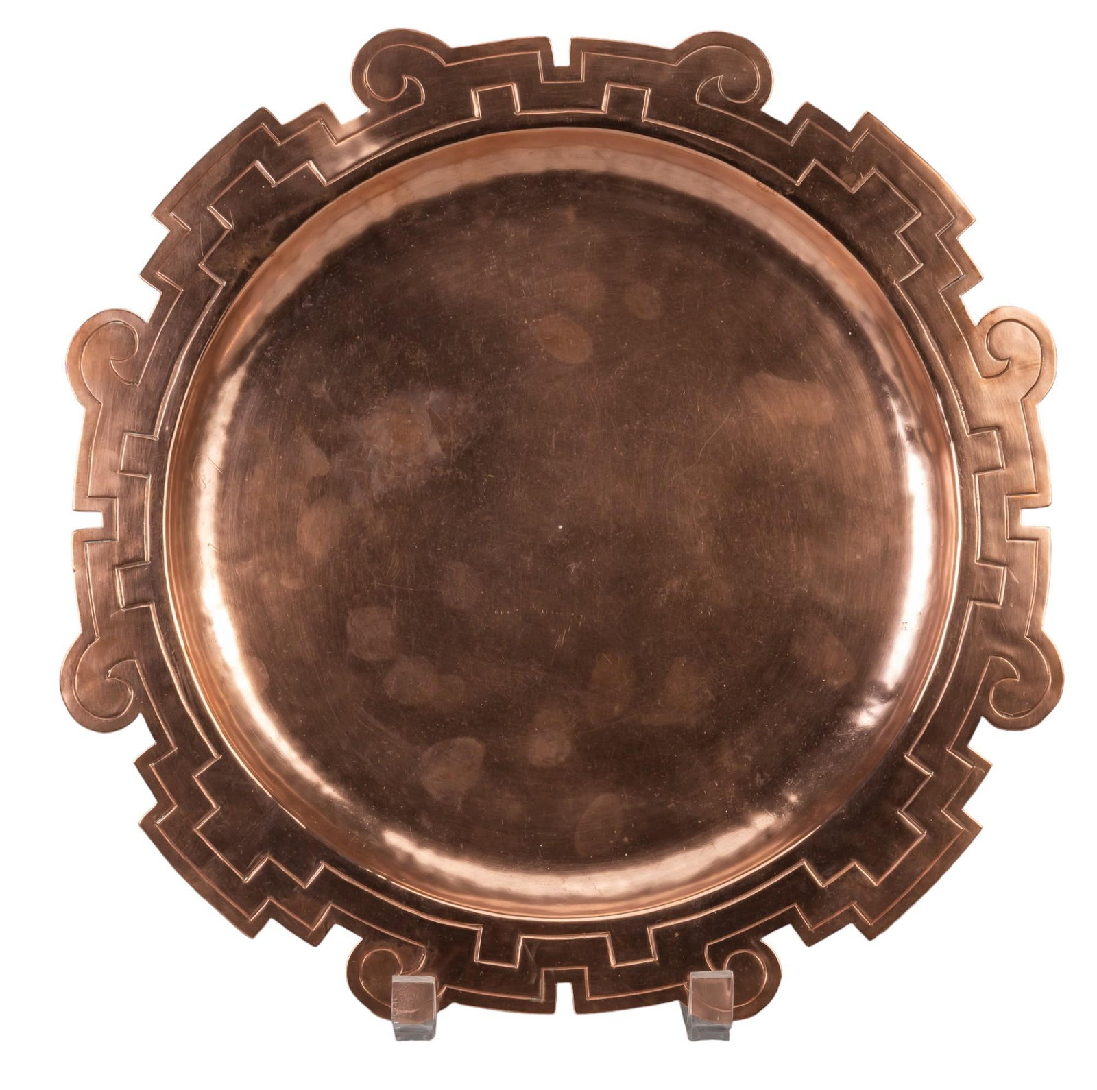 Victoria Taxo Charger: Mexican brass alloy charger, marked "472" Victoria Taxo, circa 19th century diameter 13 in. x depth 1 in. Provenance: Property from the collection of a Bethel Springs, Tennessee gentleman Ship