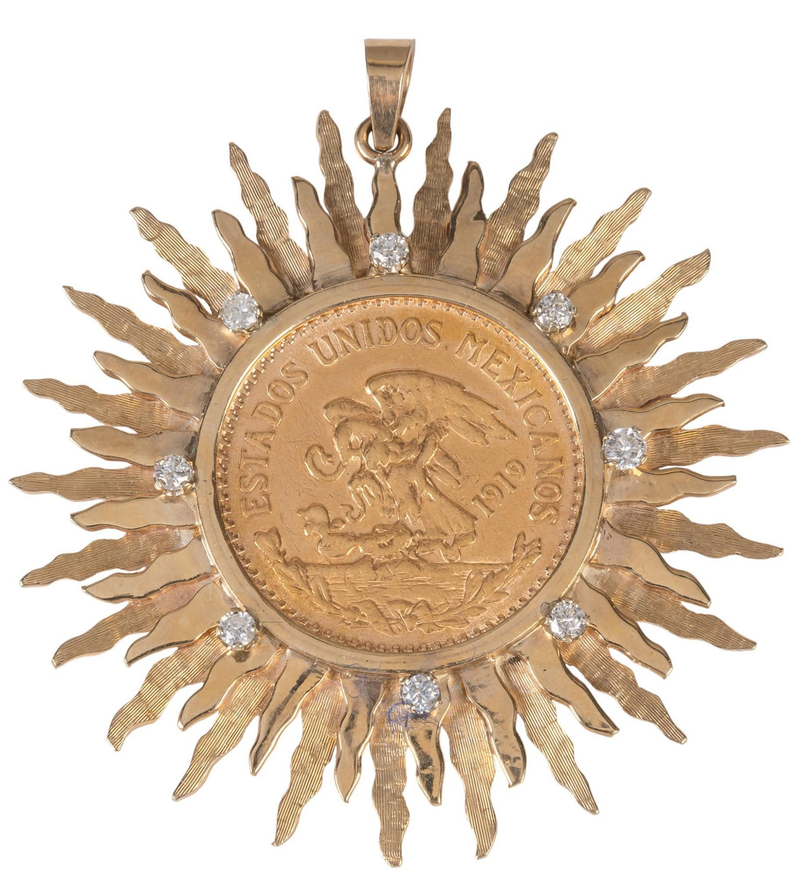 Mexican 20 Peso Gold Coin Pendant: Mexican 20 peso gold coin pendant, dated to be from 1919, 15 grama Oro Puro, 14k gold sun rays pendant setting, with eight inlaid diamonds (approx. .58 ctw) Pendant circumference: 2.5 in Total weight: