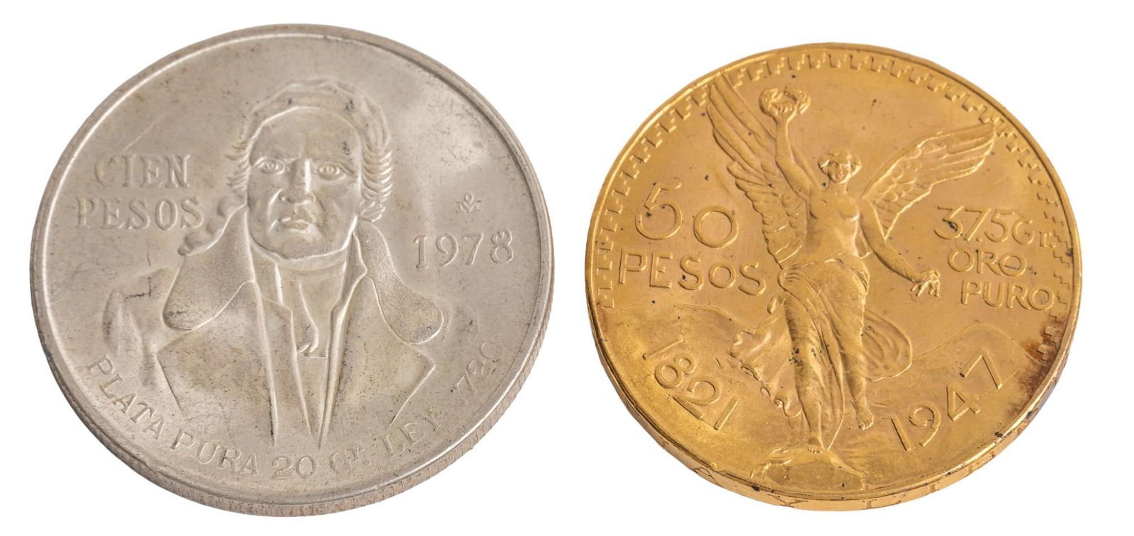 Mexican Cincuenta Peso Gold Coin & Cien Peso Silver coin (1 of 3)