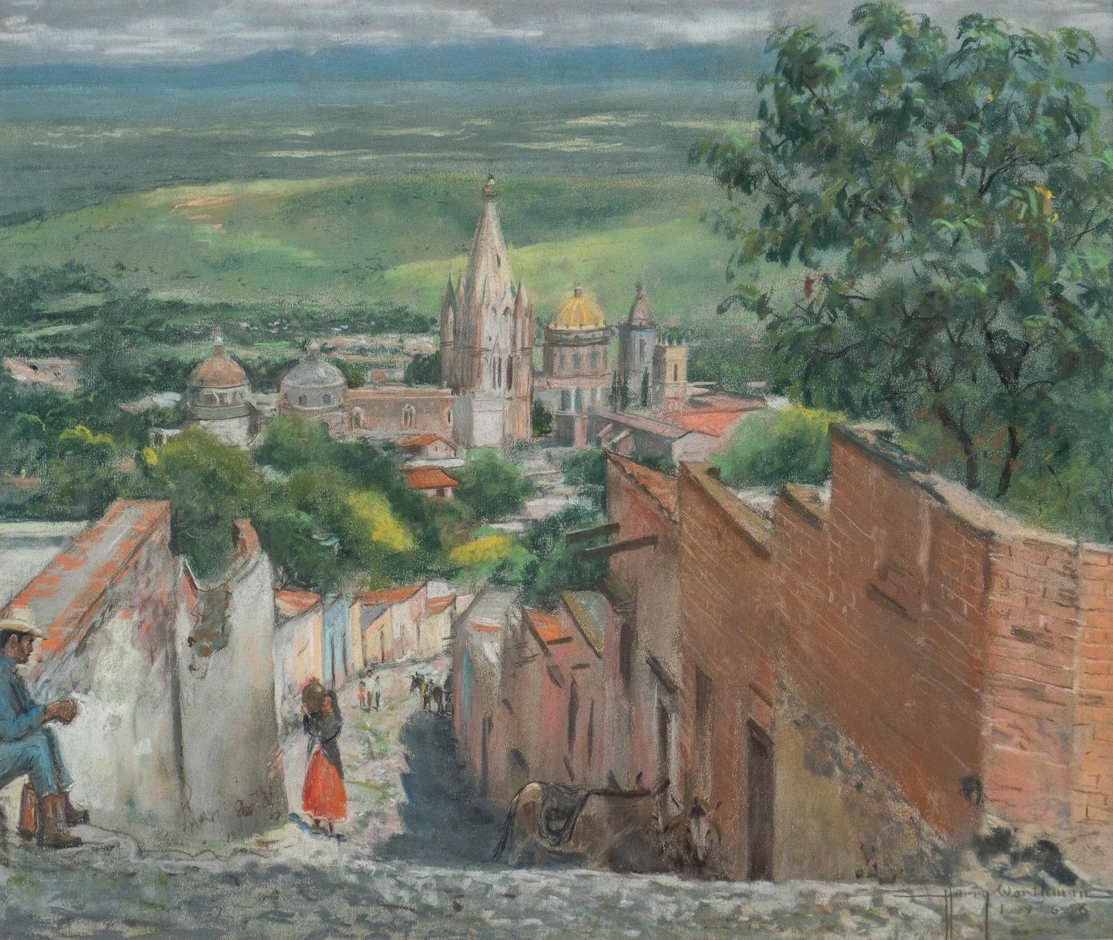 Harry Worthman, "Village Street in San Miguel de Allende", 1966: Harry Worthman (Texas, 1909-1989), "Village Street in San Miguel de Allende", 1966, pastel on artist paper sight: 19 x 23 in., frame: 26 x 32 in. Shipping available for this lot through our partner 4C
