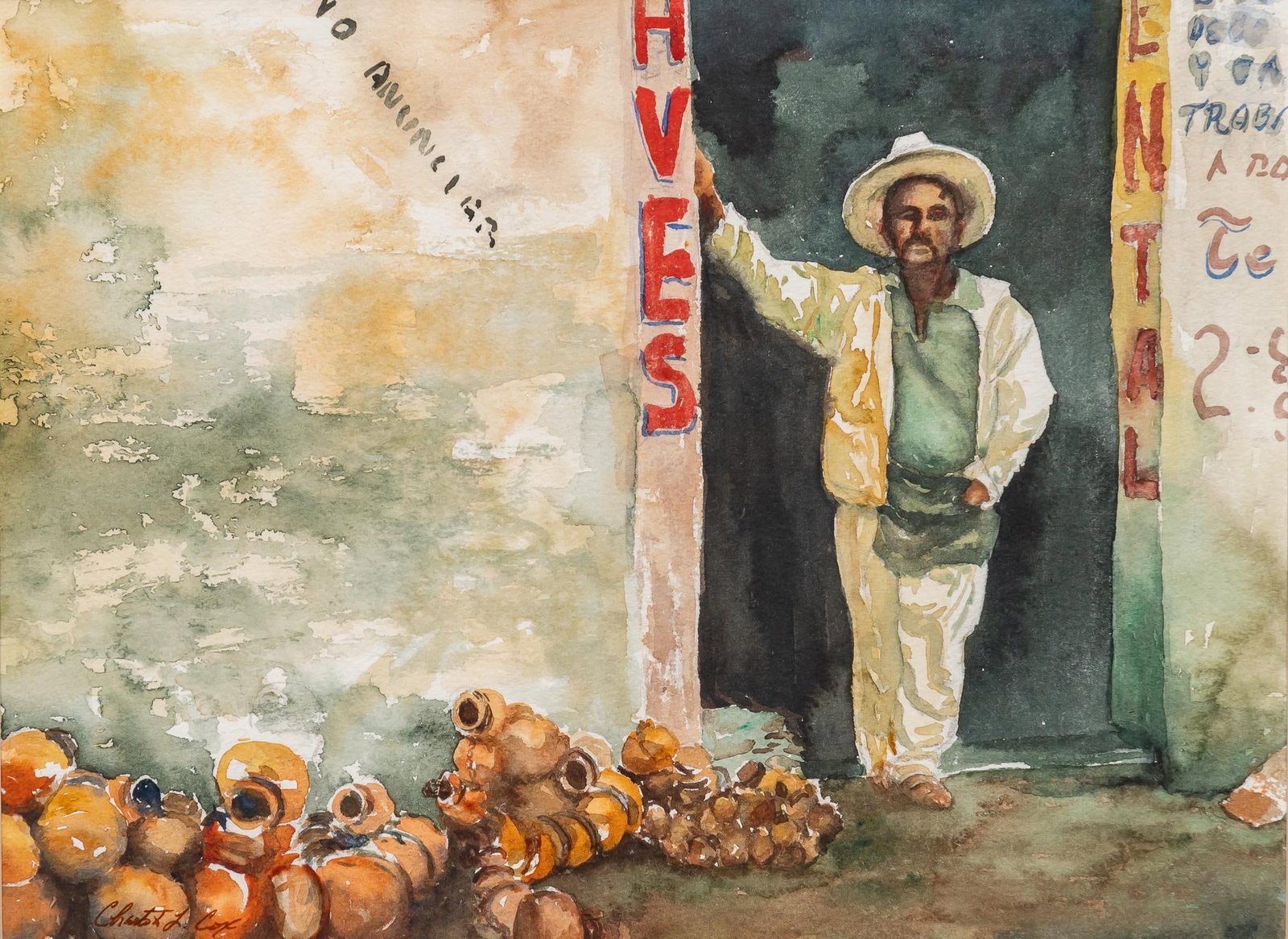 Charlotte Cox, "Pottery Vendor in San Miguel de Allende": Charlotte Cox (Amer., b. 1951), "Pottery Vendor in San Miguel de Allende", watercolor on artist paper sight: 10.5 x 14.5 in., frame: 18 x 21.5 in. We happily provide seamless shipping services