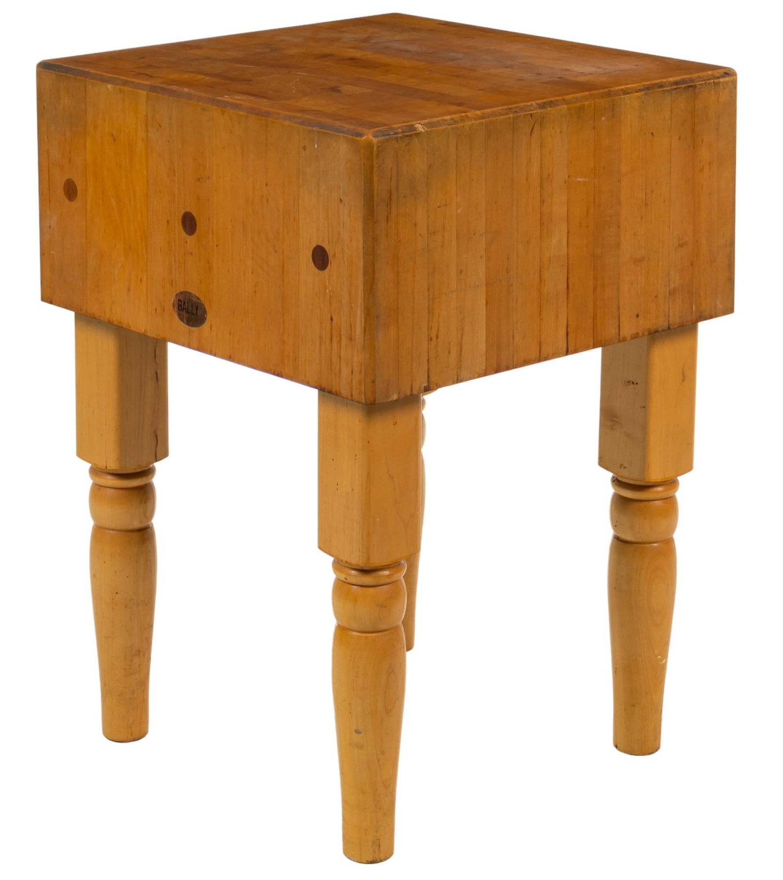 Butcher Block: Butcher block supported on turned legs height 34 in. x width 24 in. x depth 24 in. Shipping available for this lot through our partner 4CL; please request a shipping quote at shipping@vogtauction.