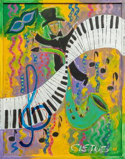 Brother Cletus Behlmann, Mardi Gras Jazz: Brother Cletus Behlmann (San Antonio, Texas, 1933-2016), whimsical Mardi Gras musical scene with saxophone and piano motifs, oil on wooden panel  sight: 29.5 x 23 in., frame: 31.5 x 24 in.  Shipping a