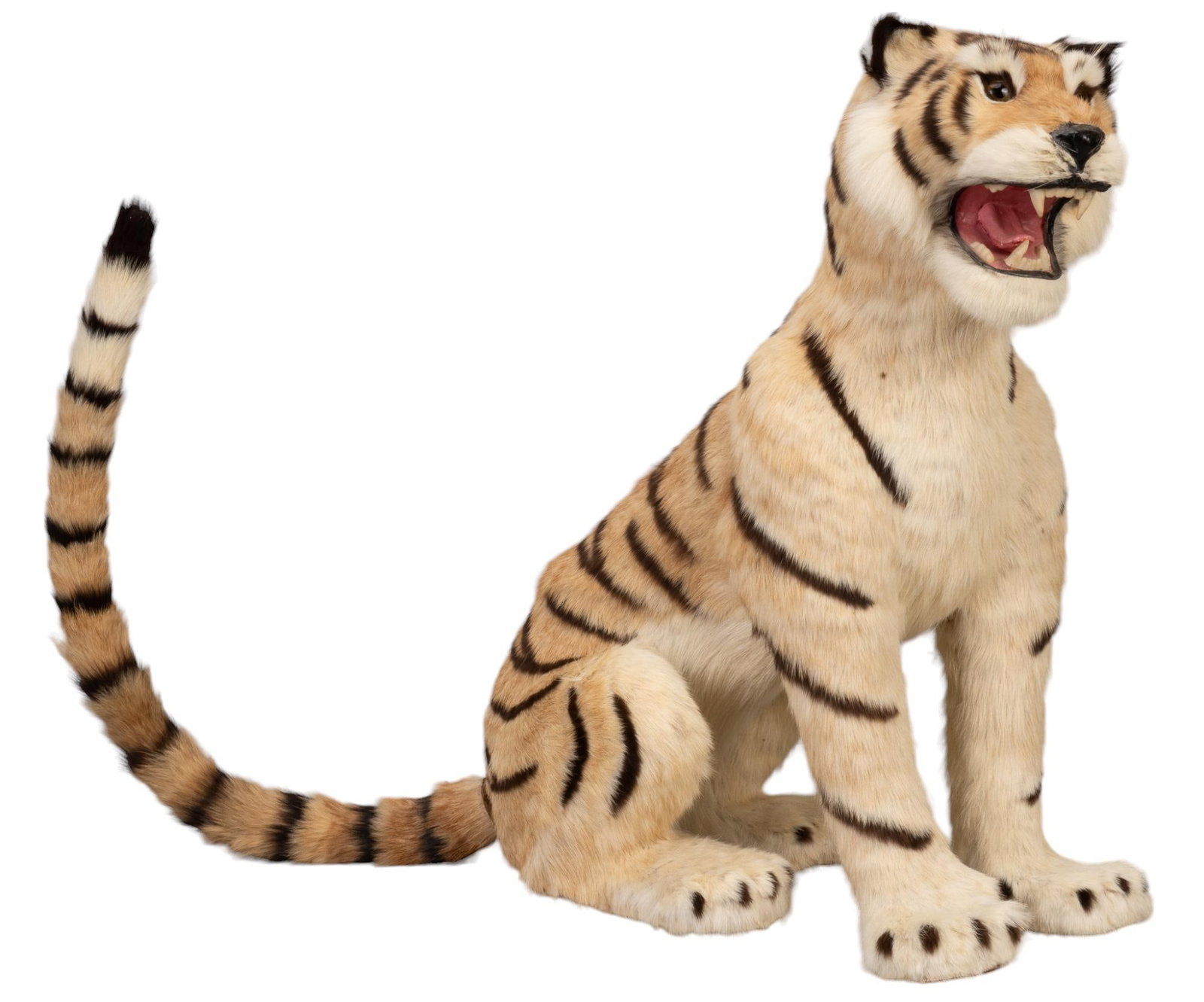Tiger Figure: Figural tiger sculpture, featuring natural fiber exterior, with wooden internal base, and detachable tail height 27 in. x width 15 in. x depth 27 in. Shipping available for this lot through our partne