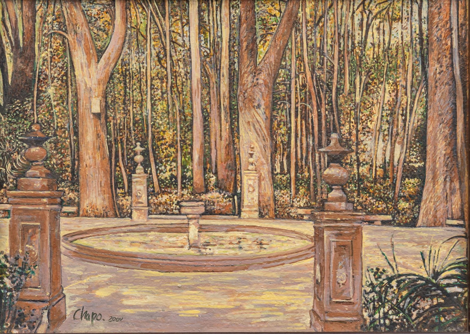 Hector "Chapo" Arias, "Parque Juarez", 2000: Hector "Chapo" Fernandez Arias, "Parque Juarez, San Miguel de Allende, Guanajuato, Mexico", 2000, oil on masonite Shipping available for this lot through our partner 4CL; please reques