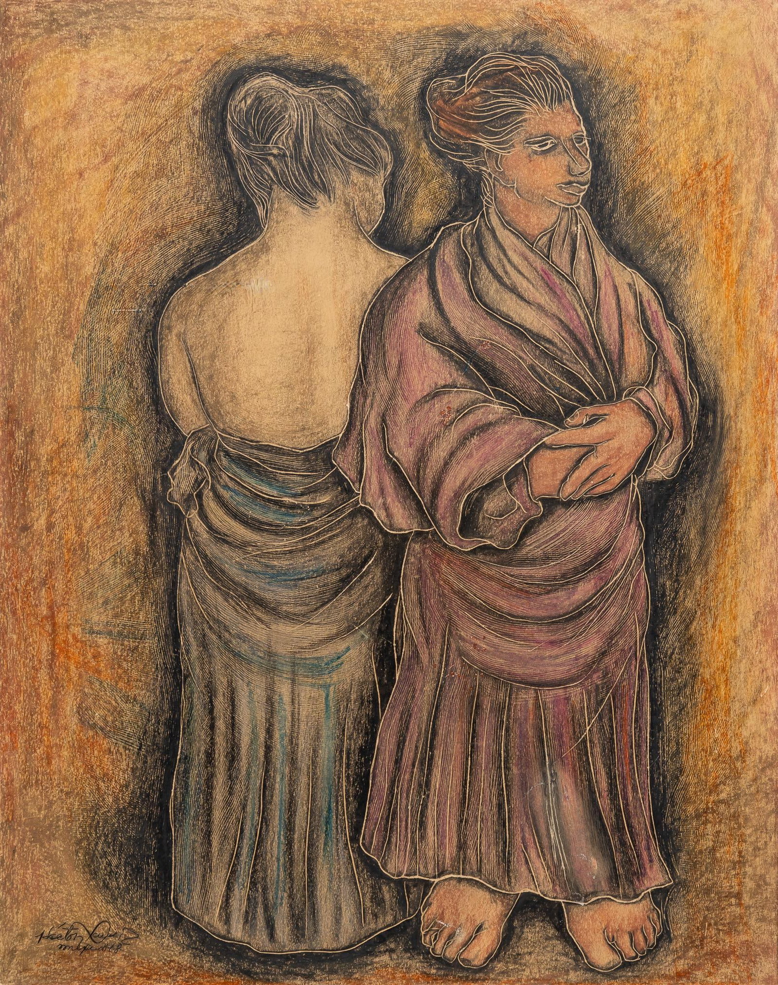 Hector Xavier (1921-1991), Two Women's Portrait: Hector Xavier (1921 - 1991), Two Women's Portrait, 1948, crayon on board sight: 28.5 x 22.5 in., frame: 54 x 38 in. Provenance: Property from the collection of an Austin, Texas gentleman, at one p