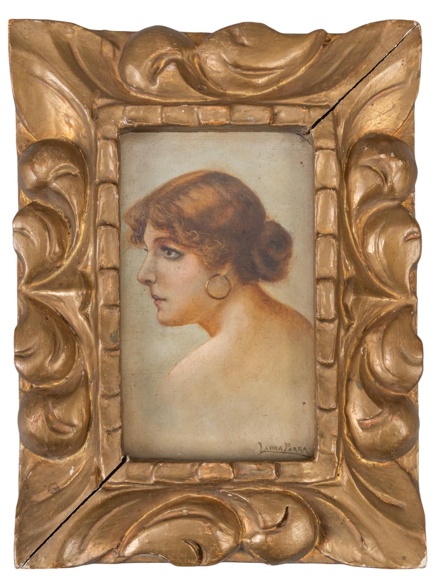 Laura Parra, portrait on board, 1920s frame: Small portrait, signed Laura Parra, in carved wooden frame, circa 1920s, Mexico height 7.75 in. x width 6 in. x depth 1 in. Provenance: Property from the collection of a Bethel Springs, Tennessee g
