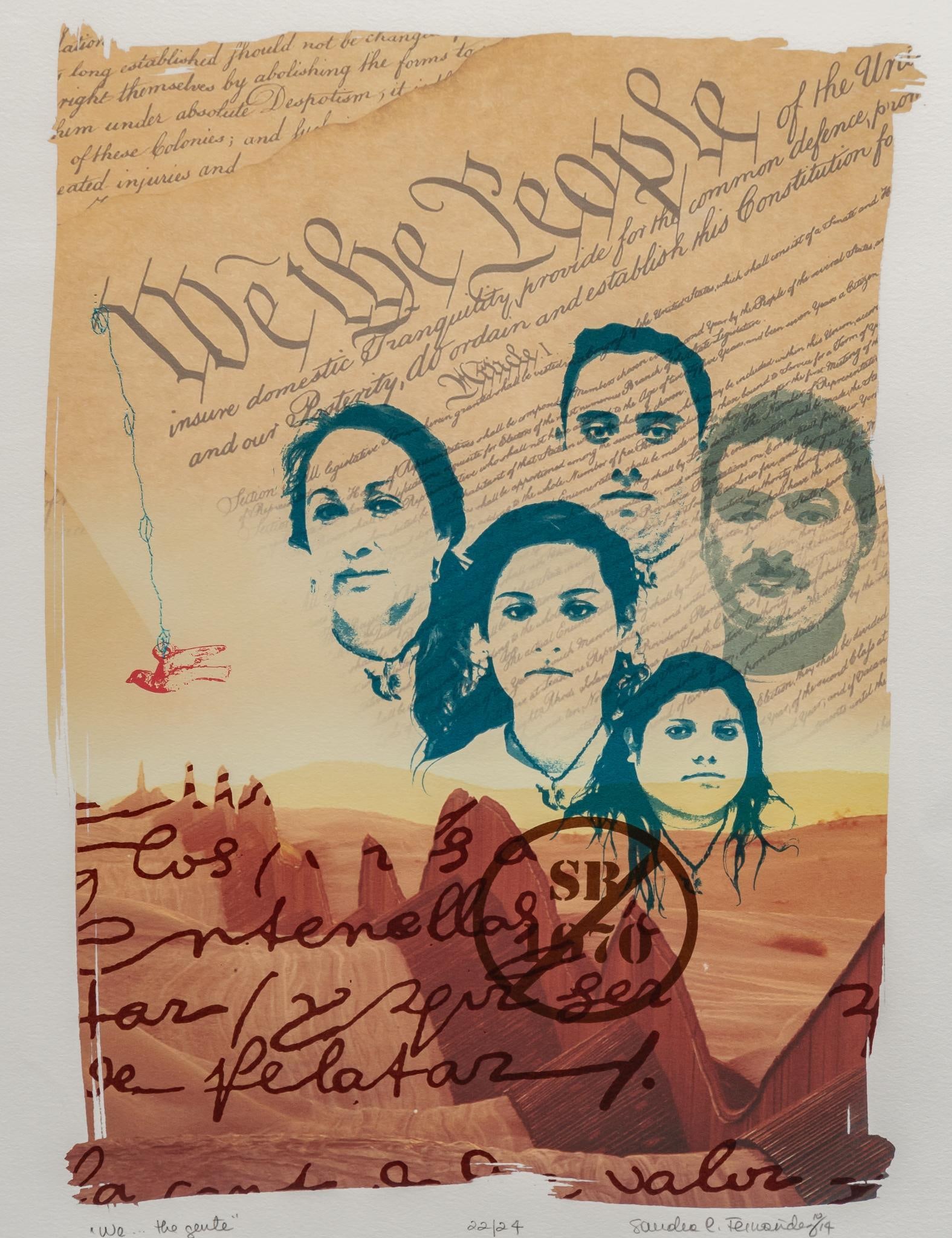 Sandra Fernandez "We...the gente", 2014: Sandra Fernandez "We...the gente", 2014, screenprint ed. 22/24 with hand-embroidered thread, from the Serie Project at Coronado Studios (Austin, Texas) sight: 19.5 x 14 in., frame: 24.5 x 19 i