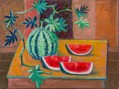 Otis Dozier, Watermelons, 1986: Otis Dozier (Texas, 1904-1987), watermelon still life, 1986, not signed, oil on canvas, not framed  size: 30 x 40 in.  Provenance: From the Estate of the artist  Shipping available for this lot throug