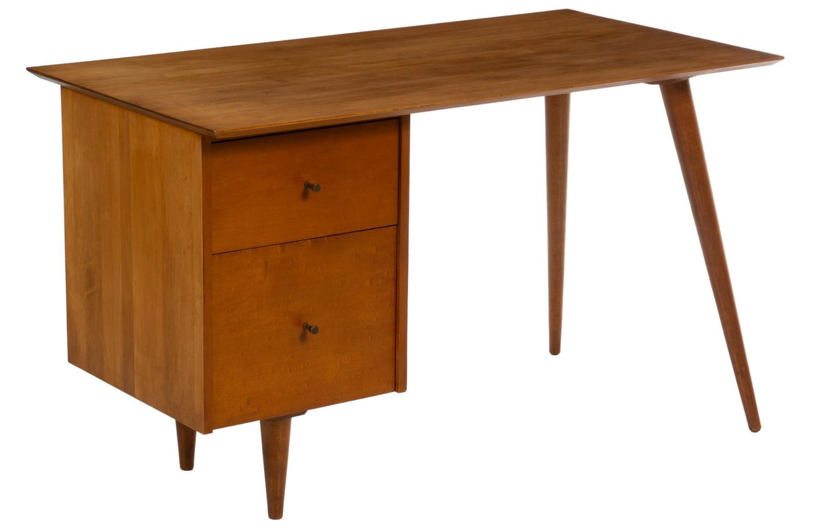 Paul McCobb Planner Group (USA) Mid-Century Desk: Paul McCobb Planner Group (USA) mid-century maple desk, featuring oversize top, over two stacked drawers with brass metal pulls, supported on splayed pin legs, marked with label inside top drawer he
