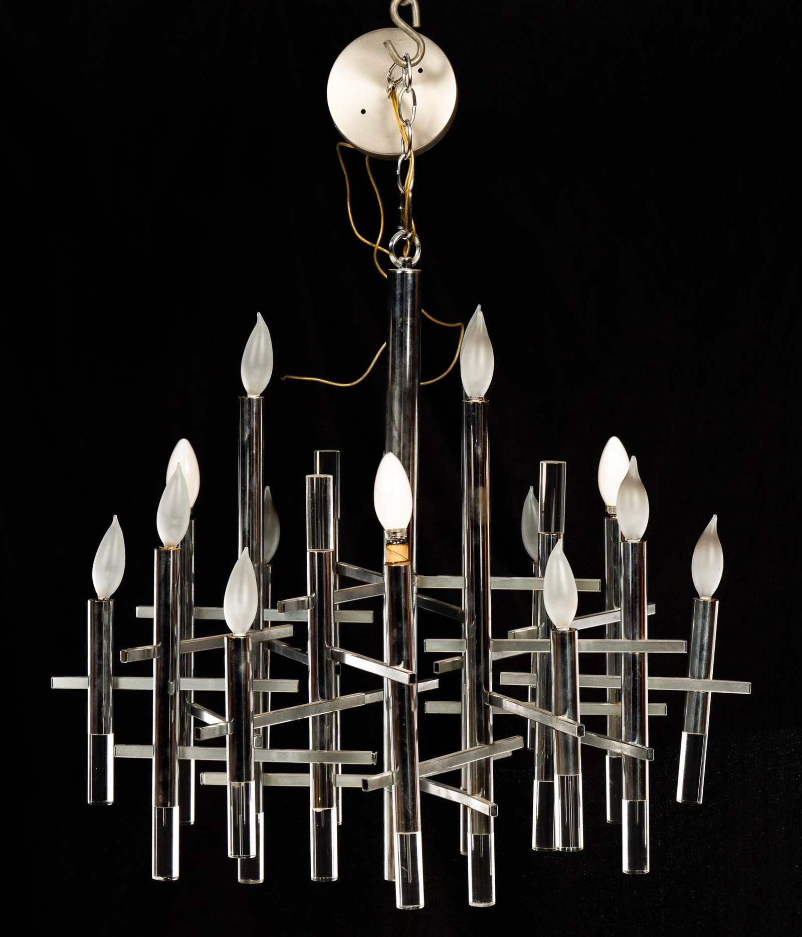 Mid-Century Modern Chandelier: Mid-century modern metal and acrylic chandelier, with geometric design, equipped with thirteen fixtures height 30 in. x width 29 in. x depth 29 in. Provenance: Property from the collection of a Kerrvi