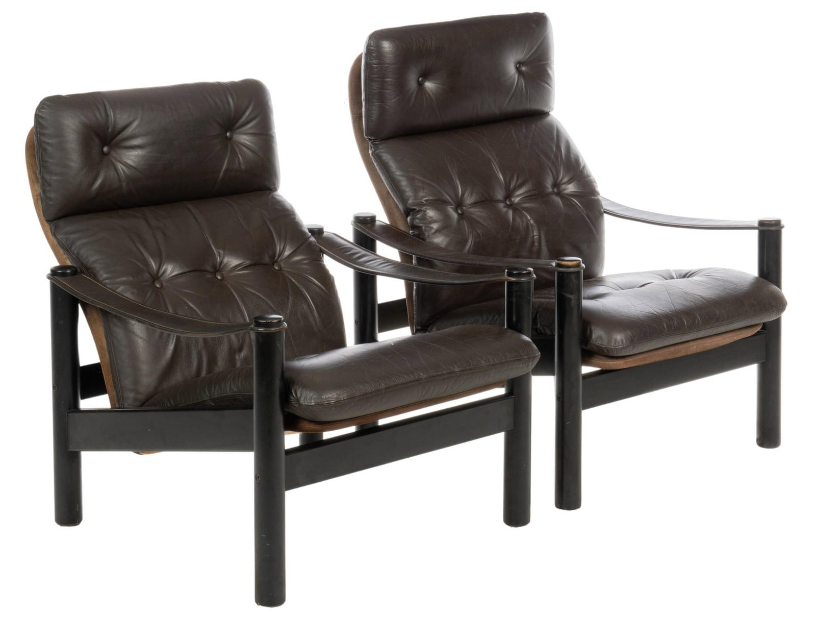 Pair of Mid-Century Leather Lounge Chairs: Pair of mid-century leather lounge chairs, featuring removable tufted backrest and seat cushions, with slack armrests, supported on tubular wooden frame and legs height 33 in. x width 28 in. x depth 3
