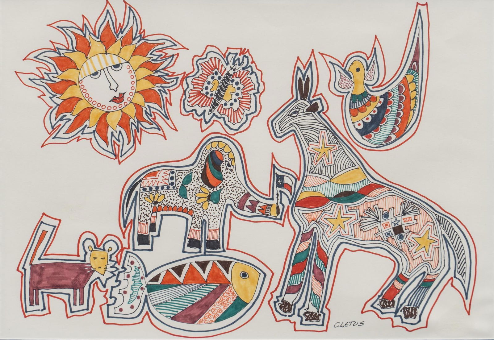 Brother Cletus, Political Parties: Brother Cletus Behlmann (San Antonio, Texas, 1933-2016), donkey and elephant symbolizing political parties, colored ink on paper sight: 13 x 19 in., frame: 17 x 23.5 in. Brother Cletus Behlmann, kno