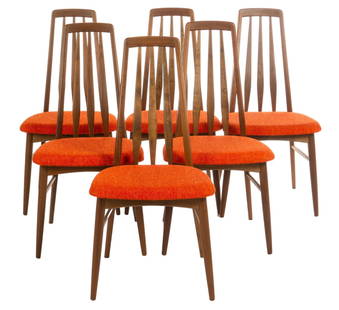 Set of (6) Niels Koefoed Hornslet Eva (DNK) Mid-Century Dining Chairs: Set of six Niels Koefoeds for Hornslet (Denmark) teak mid-century dining chairs, in the Eva style, with red fabric upholstery on seats, and carved slat back height 37.5 in. x width 19 in. x depth 16.