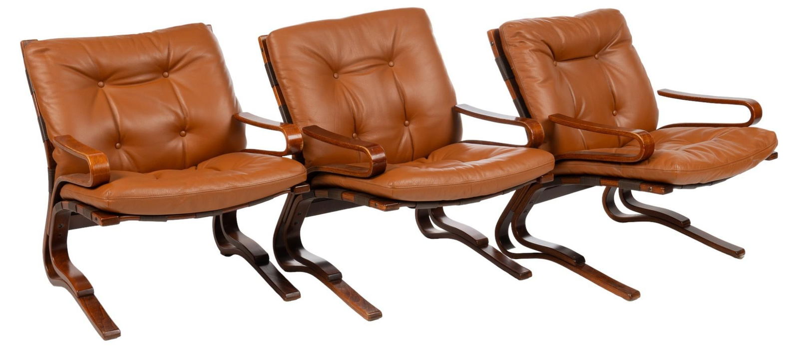 Set of (3) Erda & Nordahl Solheim (NOR) Mid-Century Armchairs: Set of three Elsa and Nordahl Solheim for Rykken & Company (Norway) armchairs, with tufted leather upholstery, supported on bentwood cantilever frames height 31 in. x width 25.5 in. x depth 27 i