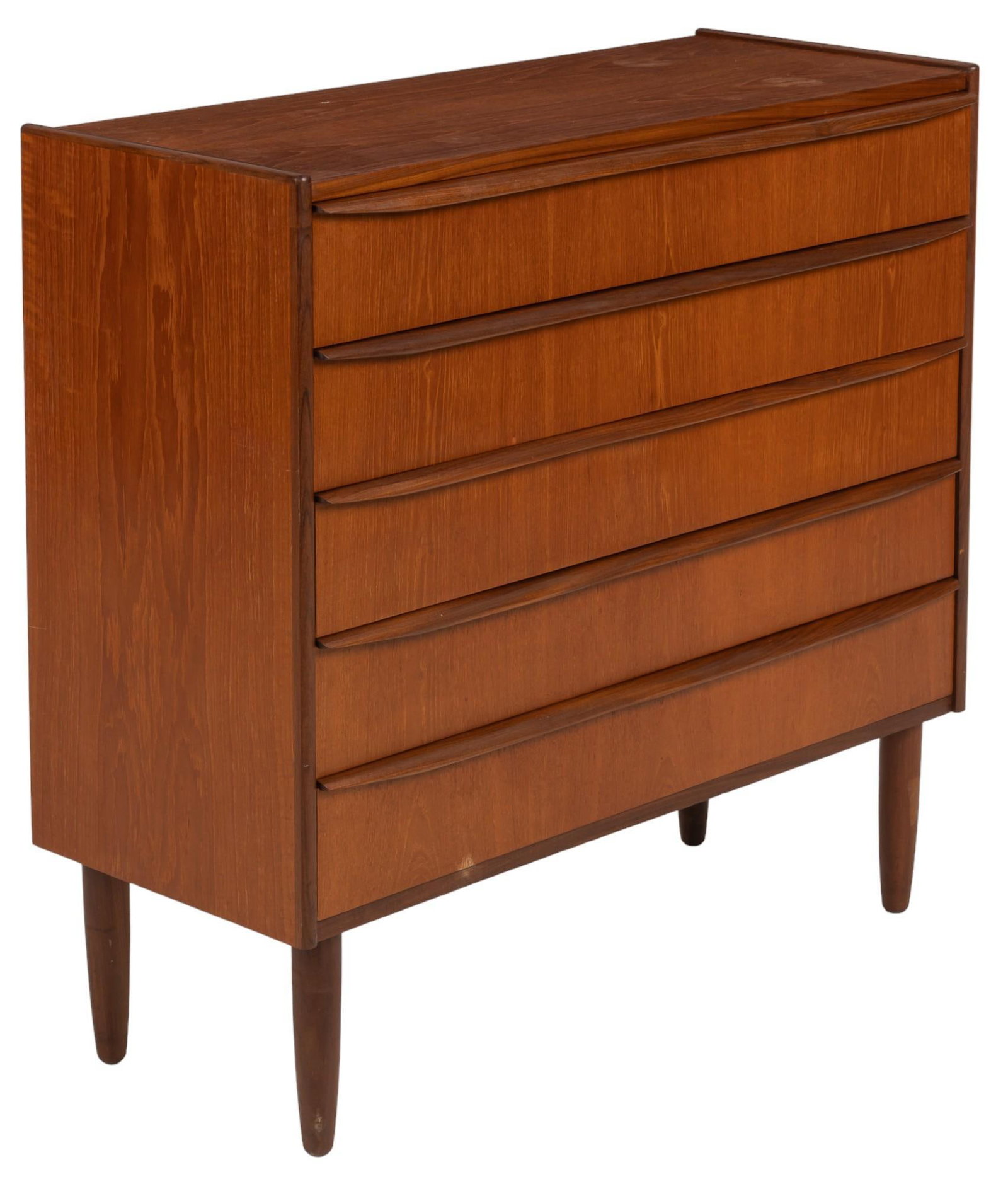 Danish Mid-Century Cabinet: Danish mid-century teak cabinet featuring four drawers with integrated pulls height 36.5 in x width 38 in x depth 15.5 in Shipping available for this lot through our partner 4CL; please request a ship