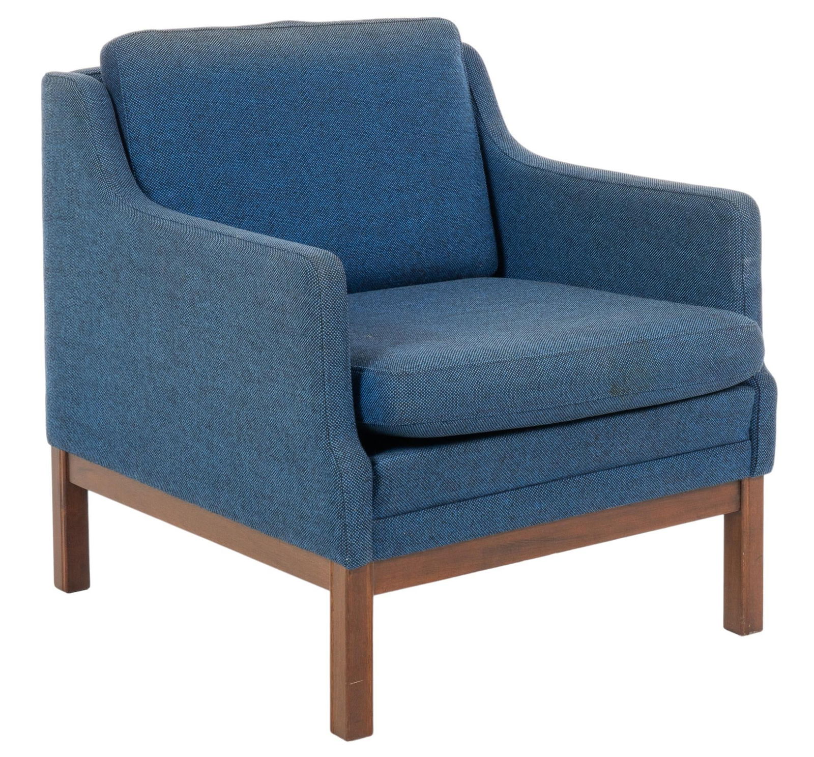 Danish Mid-Century Lounge Chair: Danish mid-century lounge chair, with blue fabric upholstery, supported on block legs height 30 in. x width 27 in. x depth 30 in. Shipping available for this lot through our partner 4CL; please req