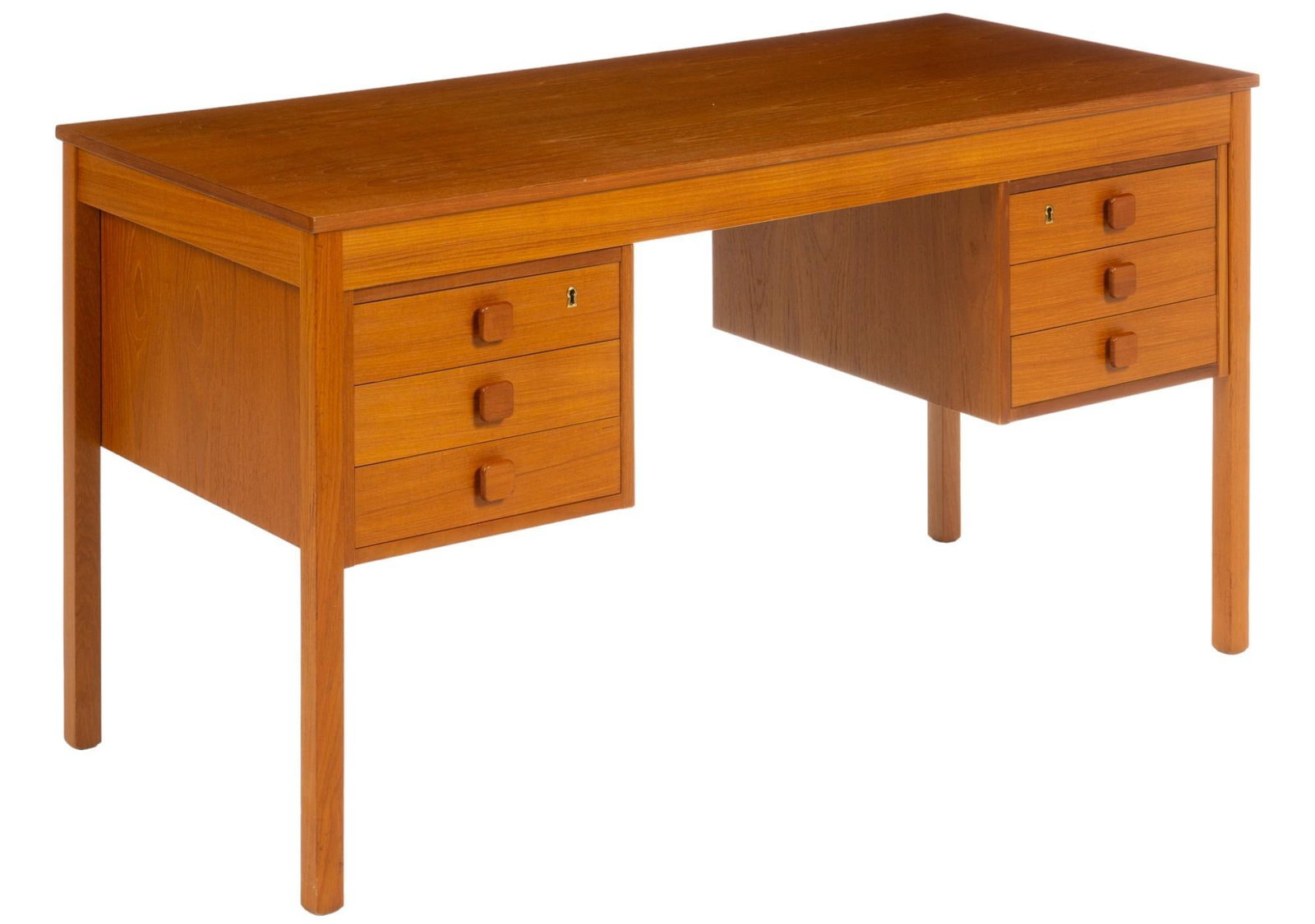 Domino Mobler (DNK) Mid-Century Desk: Domino Mobler (Denmark) mid-century desk, featuring oversize top above knee hole flanked by stacks of three drawers, supported on block legs, includes two keys height 29 in. x width 53 in. x depth 23.