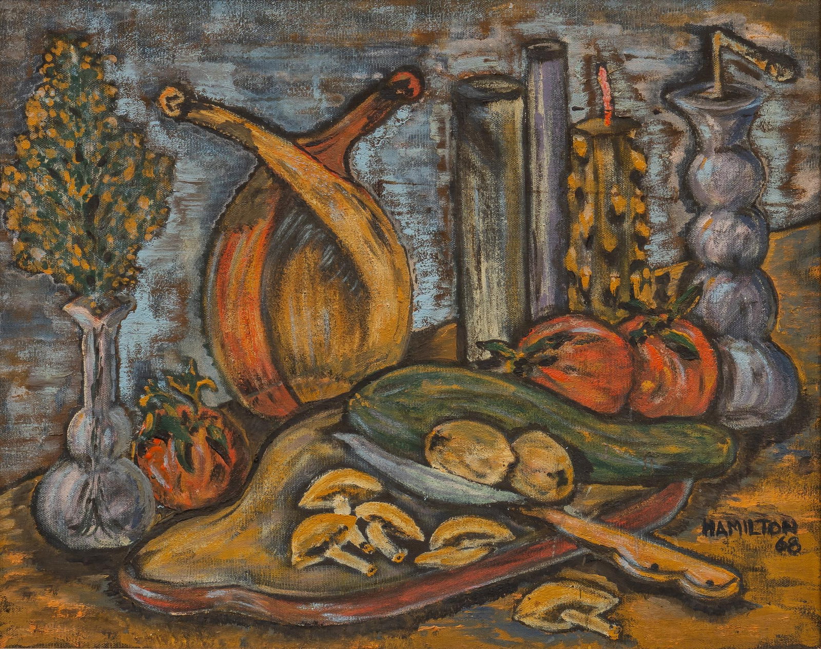 Dolores Hamilton, Still Life, 1968: Dolores Hamilton (Am., 1938-2017), still life with vegetables and candles, 1968, oil on canvas sight: 20 x 26 in., frame: 24 x 30 in. Provenance: Property from the collection of a San Antonio, Texas l