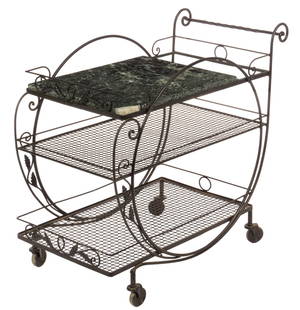 Mid-Century Wrought Iron Tea Cart: Mid-century wrought iron tea cart, in the style of John Salterini, featuring slab of green marble over two mesh storage tiers, with scroll and leaf accents, supported on wheels height 32 in. x width