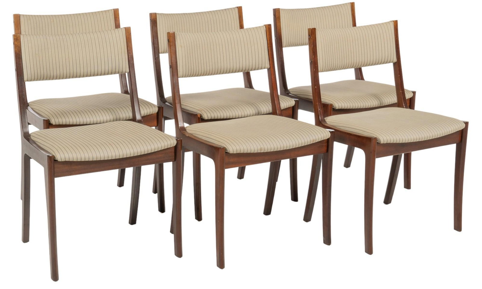 Set of (6) Mid-Century Dining Chairs: Set of six mid-century dining chairs featuring striped upholstery on pin legs height 31 in. x width 20 in. x depth 18 in. Shipping available for this lot through our partner 4CL; please request a ship