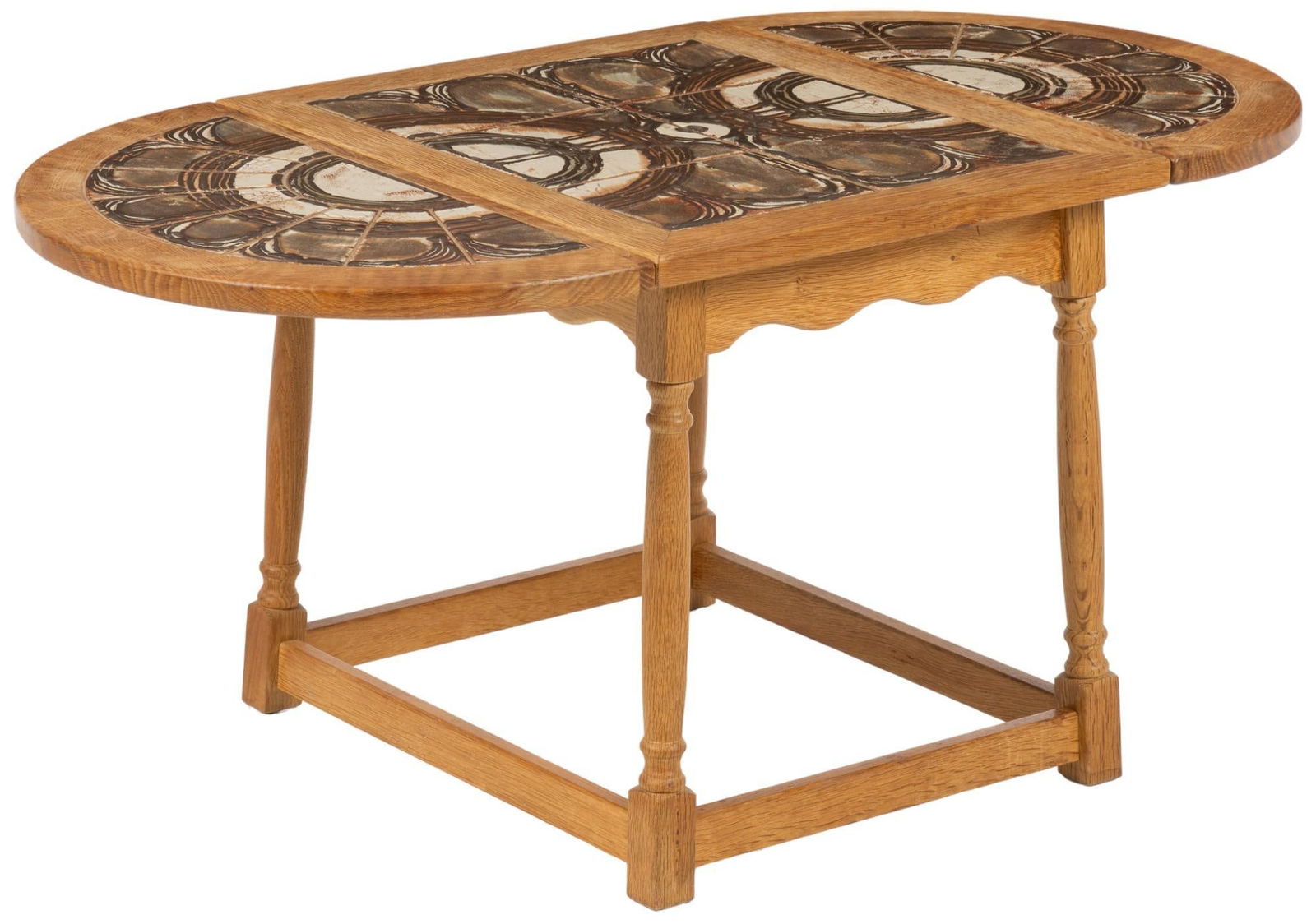 Age Larsens (DNK) Mid-Century Tile Table: Age Larsens (Denmark) mid-century tile table, ova table with collapsible leafs on each end, brown tile inlaid on table top, on carved wood stretchered legs height 20.5 in. x width 45.5 in. x depth 23