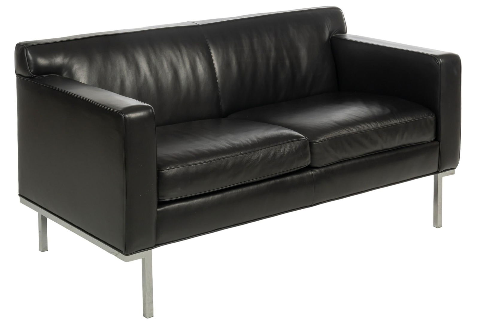 Ted Boerner for Design Within Reach (USA) Black Leather Sofa: Ted Boerner for Design Within Reach (USA) black leather sofa height 31 in x width 60.5 in x depth 31 in Provenance: Property from the home of a Hunt, Texas couple Shipping available for this lot th