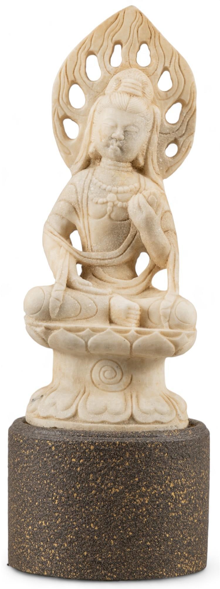Alabaster Quan Yin Buddha Figure: Carved alabaster figure depicting seated Chinese Quan Yin Buddha, supported on swiveling base height 25 in. x width 9.5 in. x depth 6 in. Provenance: Property from the collection of a Boerne, Texa