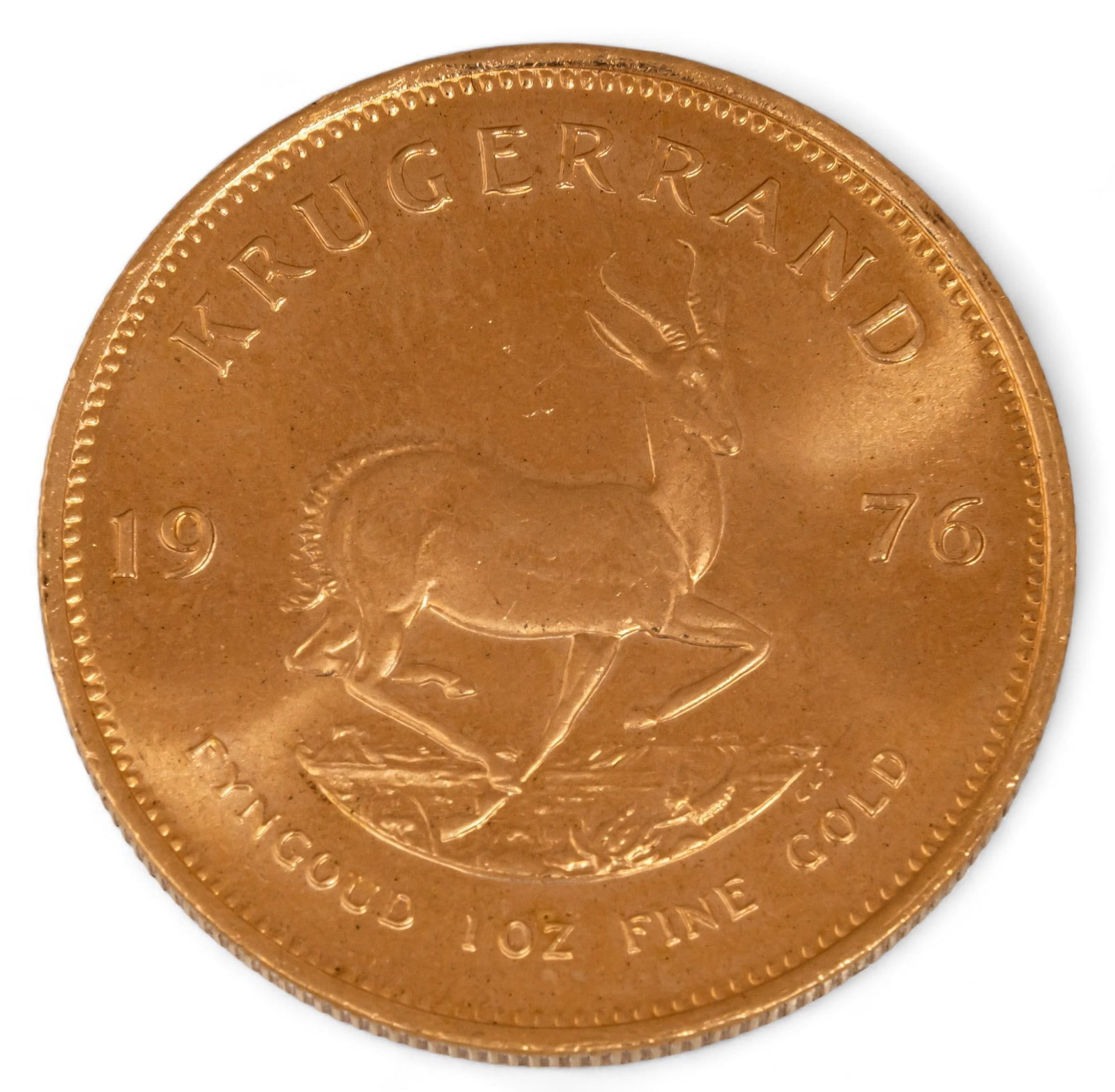 South African Gold Krugerrand Coin: South African gold Krugerrand coin, 1976, .999 fine gold Total weight: 33.9 g Provenance: Property from the collection of a San Antonio, Texas gentleman Shipping available for this lot through our par