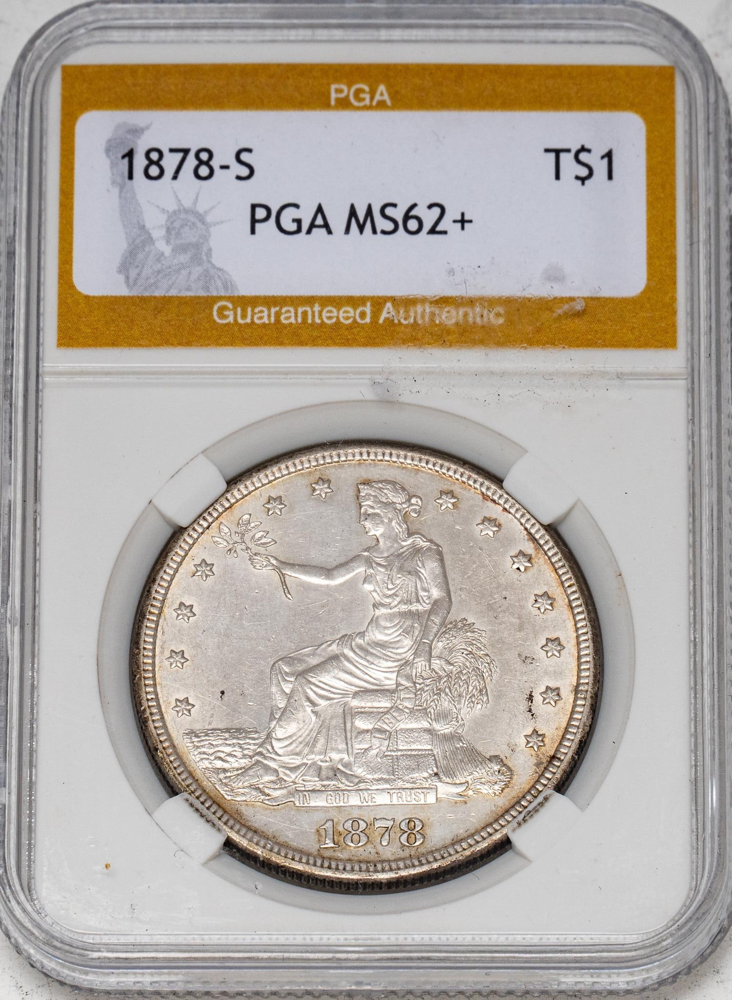 1878-S Trade Silver Dollar: 1878-S trade silver dollar, PGA graded MS62+ Provenance: Property from the collection of a San Antonio, Texas gentleman Shipping available for this lot through our partner 4CL; please request a sh