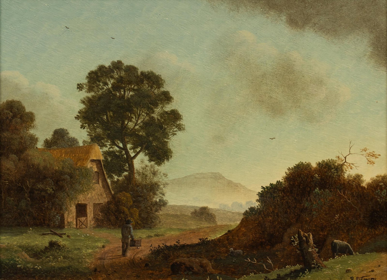 Richard Peterson, Pastoral Landscape with Barn: Richard Peterson (California, b. 1947), pastoral scene with idyllic farmer and barn, oil on panel sight: 8.5 x 11.5 in., frame: 15 x 18 in. Provenance: Property from the personal collection of celebra