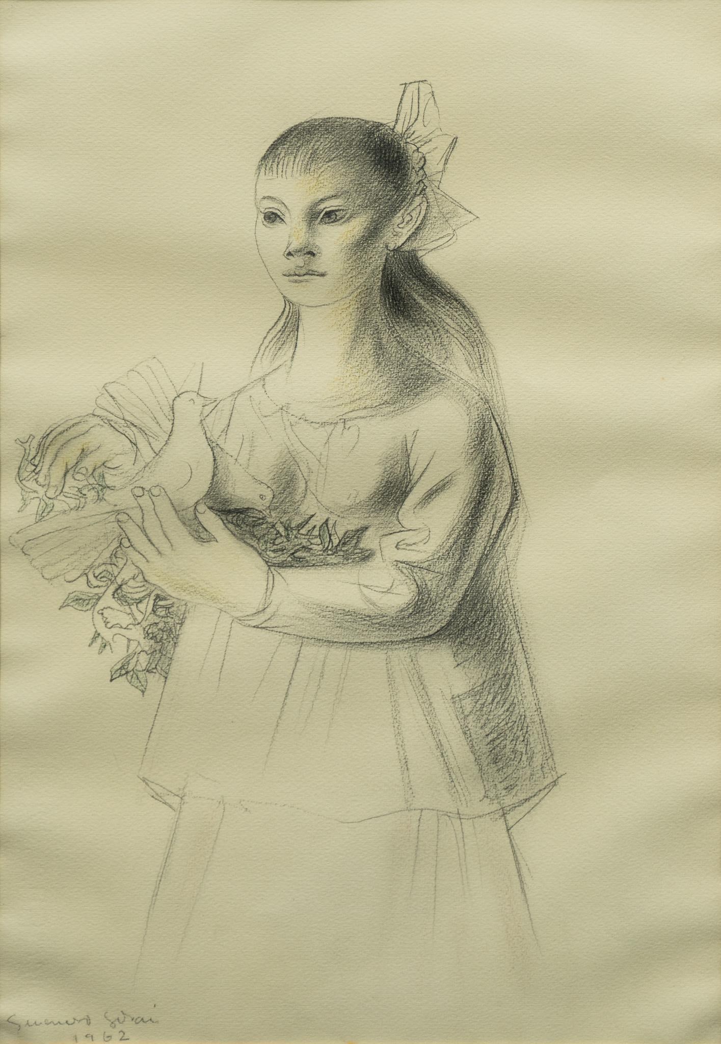 Jesus Galvan, Girl with Doves, 1962: Jesus Guerrero Galvan (Mexico, 1910-1973), portrait of a young girl with doves, 1962, charcoal and pastel on artist paper sight: 18.5 x 12.5 in., frame: 21.5 x 15.5 in. Provenance: Property from the p