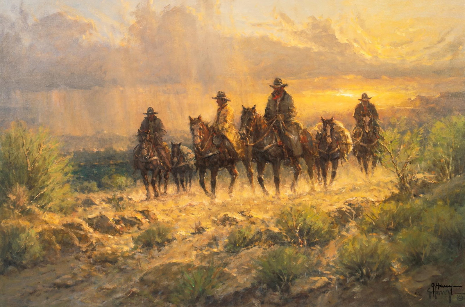 G. Harvey, "Cowhands of the West", 91/250: G. (Gerald Harvey Jones) Harvey (Texas, 1933-2017), "Cowhands of the West", 91/250, signed and numbered giclee print on canvas, 2011, includes COA from Somerset Fine Art sight: 24 x 36 in., fr