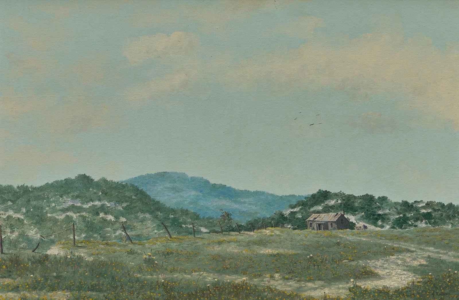 Jerry Ruthven, Hill Country Homestead: Jerry Ruthven (Blue Branch, Texas, b. 1947), Hill Country homestead, oil on canvas, sight: 24 x 36", frame: 33 x 35", condition: small repair patch in bottom left corner, seen on reverse, perf