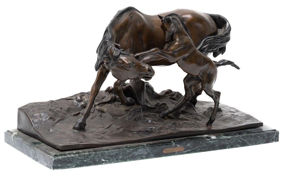Pierre-Jules Mene (1810-1879, France), Bronze Mare and Foal: Pierre-Jules Mene (1810-1879, France), bronze recast statuette depicting a mare and its foal on marble base, signed and marked with plaque reading 'Mene' 12"h x 20.5"w x 9"d Cond