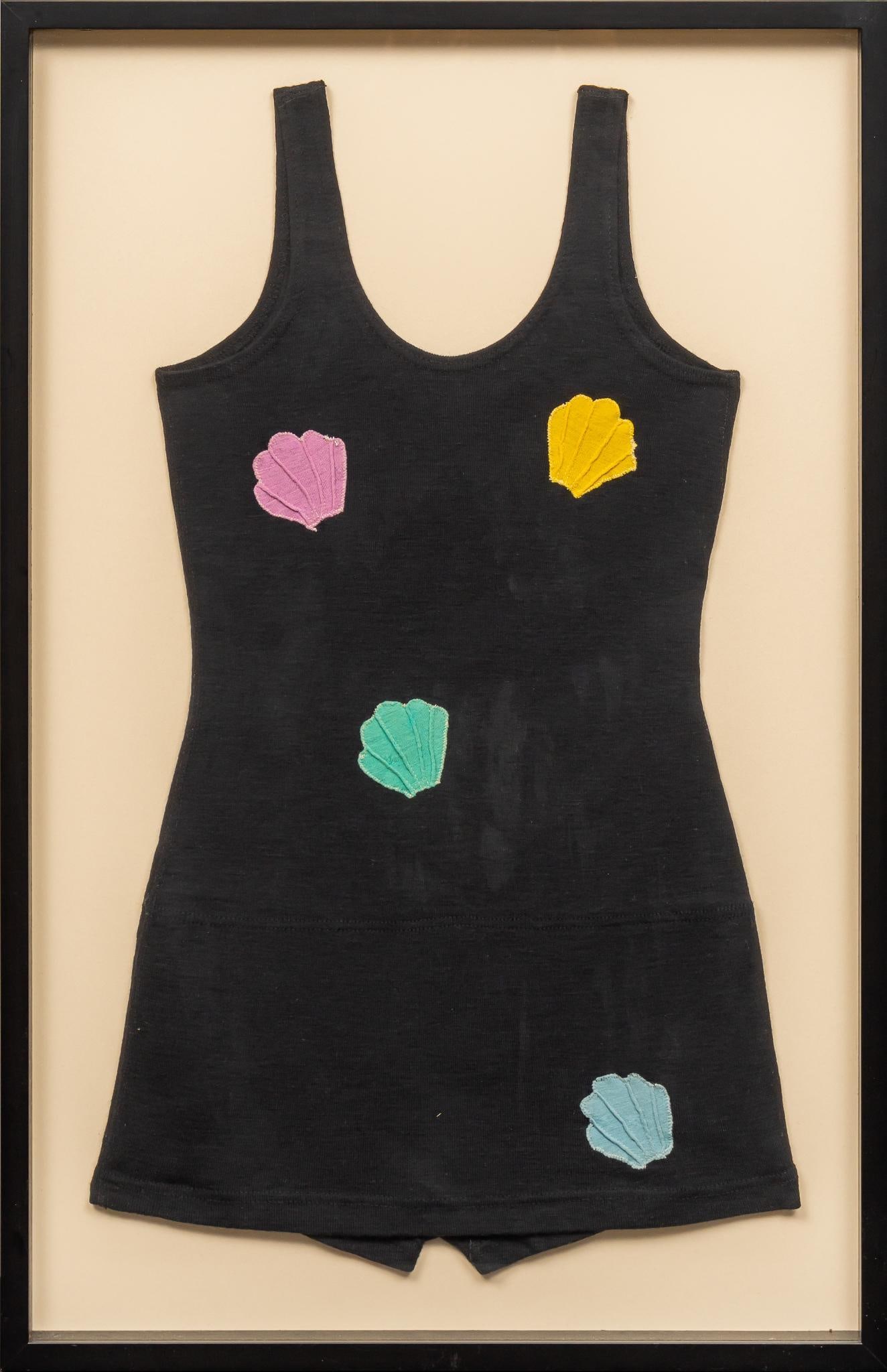 Vintage Women's Bathing Costume, Seashell Motif: Vintage women's bathing costume, wool with seashell motif, in shadowbox height 35.5 in x width 23 in Provenance: Property from the collection of a Castle Hills, Texas gentleman Shipping available 
