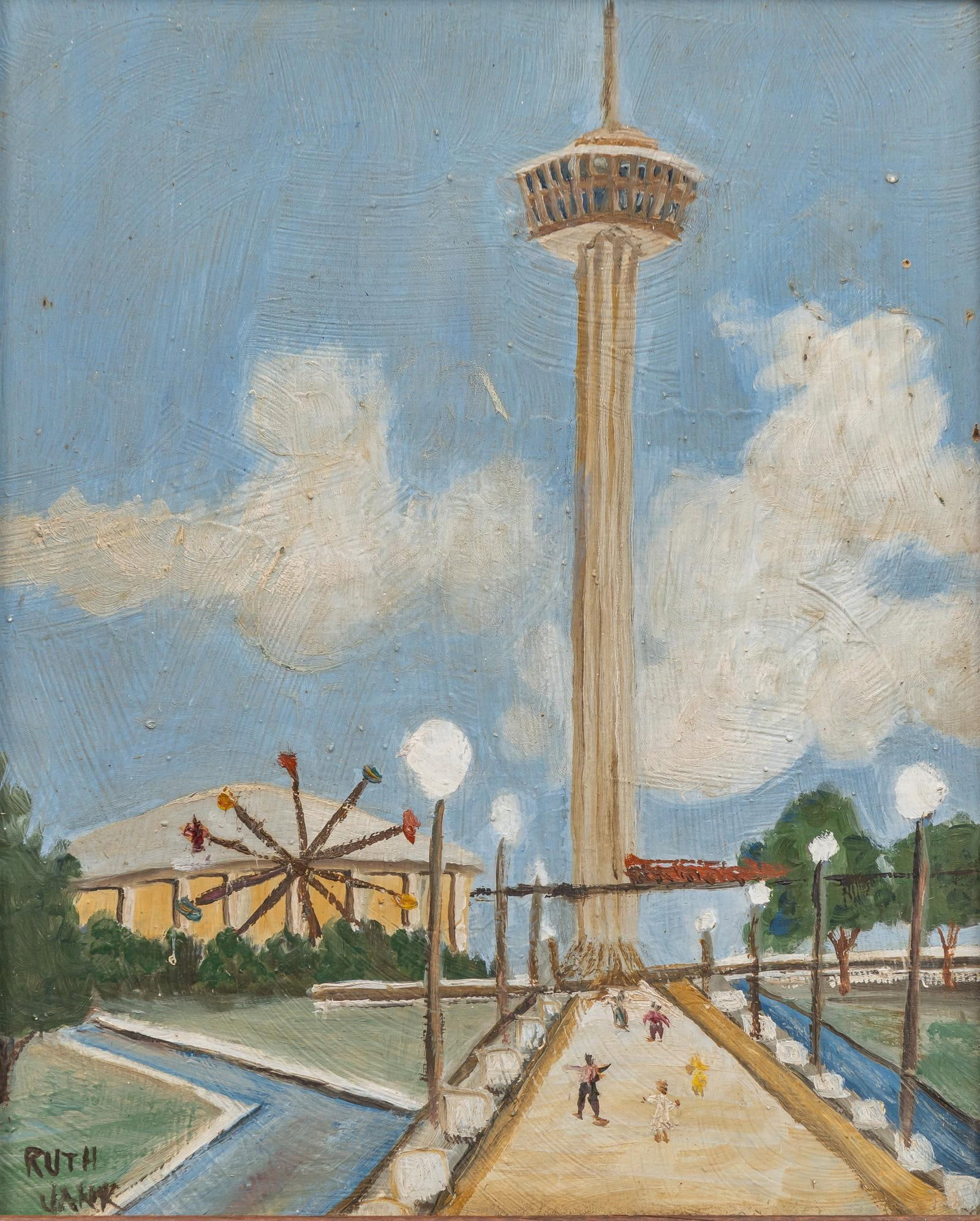 Ruth Jank, View of HemisFair: Ruth Jank, view of the HemisFair grounds as seen in 1968, oil on wooden panel sight: 10 x 8 in., frame: 12 x 10.5 in. Shipping available for this lot through our partner 4CL; please request a shipping