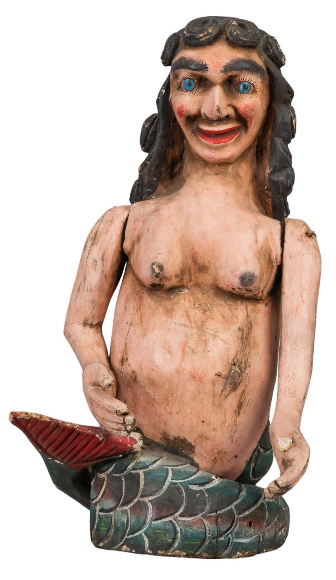 20th C. Mexican Folk Art Carving, Sirena: Mexican carved wooden folk art sirena carving, with polychrome paint, circa 20th century height 25 in. x width 13 in. x depth 17 in. Provenance: Property from a Laguna Hills, California lady Shipping 