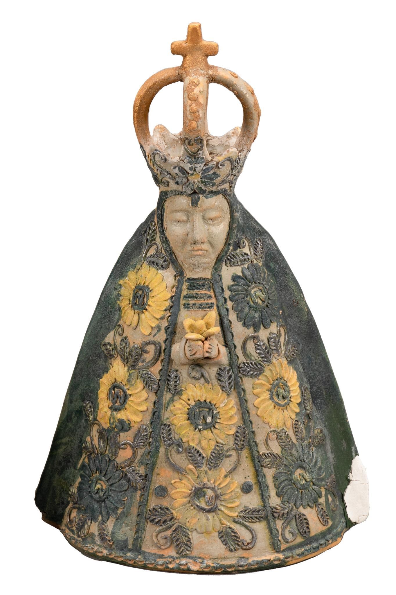 Folk Art Virgen de Soledad Sculpture: Folk art Virgen de Soledad (Virgin of Solitude) sculpture, hand-built ceramic, with painted accents height 16.5 in. x width 11 in. x depth 8 in. Provenance: A San Antonio, Texas collection We happily 