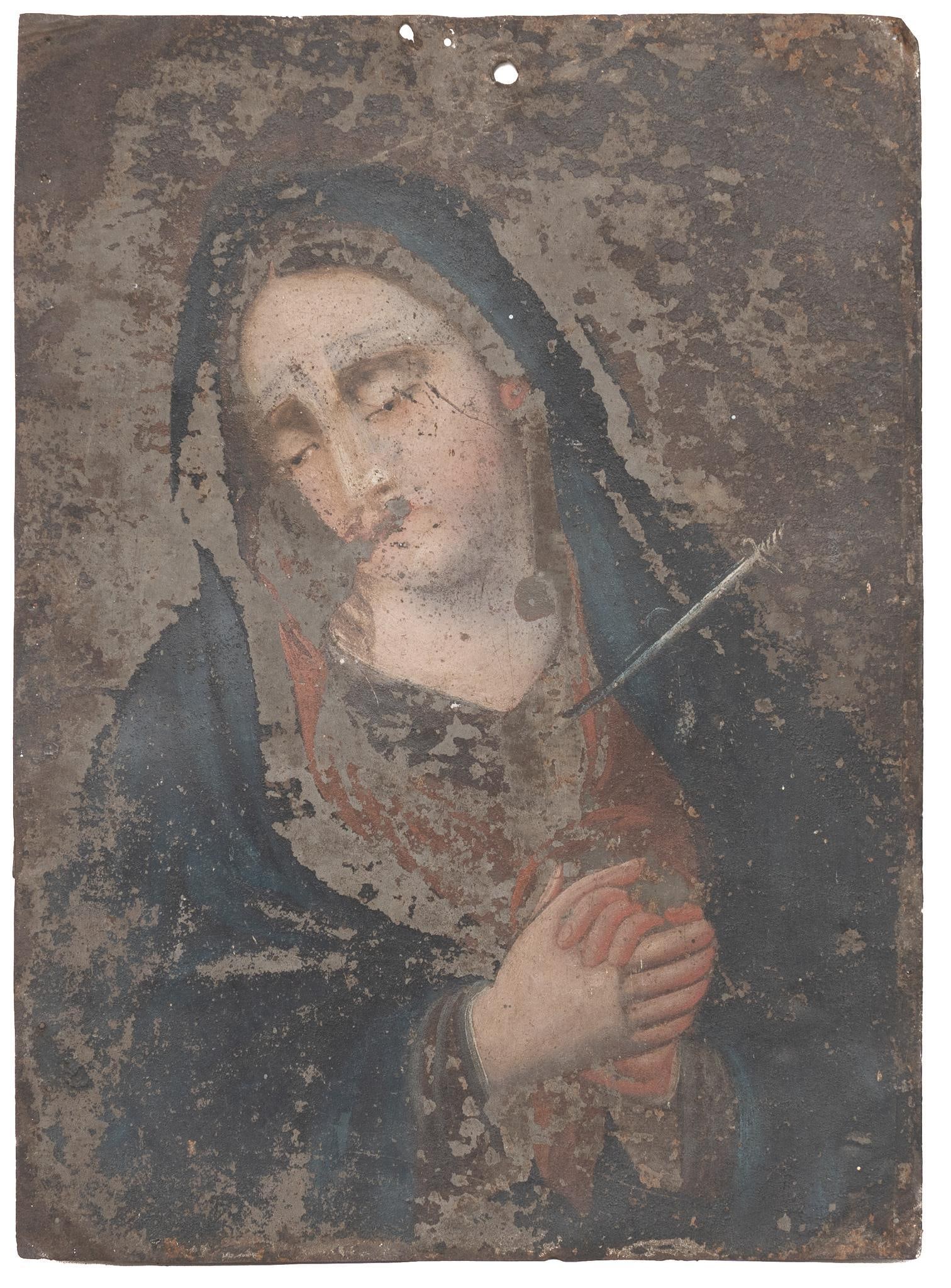 19th Century Retablo, Mater Dolorosa: 19th century retablo, depicting Mater Dolorosa (Our Lady of Sorrows), oil on tin, 13.5"h x 9.5"w Condition: Heavy loss of paint Provenance: A San Antonio, Texas collection Please note: All