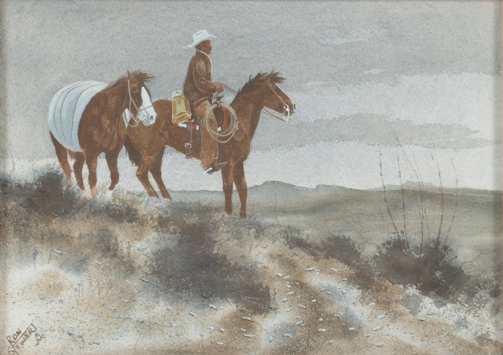 Ron Stewart, Cowboy Scene: Ron Stewart, cowboy with two horses, watercolor sight: 10 x 14 in., frame: 19.5 x 22.5 in. We happily provide seamless shipping services on everything we sell. Please email us at shipping@vogtauct