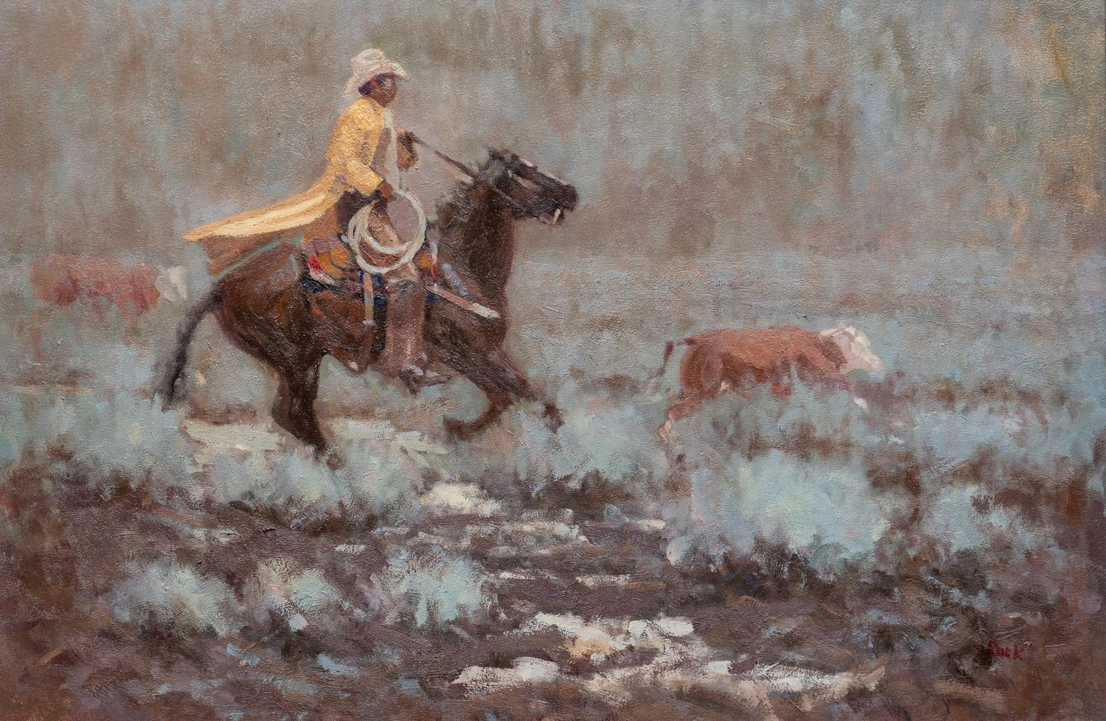 Signed Rock, Cowboy in Yellow Slicker: Signed Rock, cowboy in yellow slicker rounding up stray calf, oil on masonite sight: 20 x 30 in., frame: 28.5 x 38.5 in. Shipping available for this lot through our partner 4CL; please request a shipp