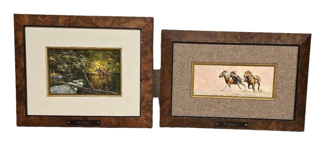 Frank Magsino, (2) Native American Scenes, 1988: Frank Magsino, (2) Native American scenes, 1988, oil on masonite: -"Deer Hunting", frame: 9.5 x 11.5 in. -"The Equestrienne", frame: 8 x 12.5 in.