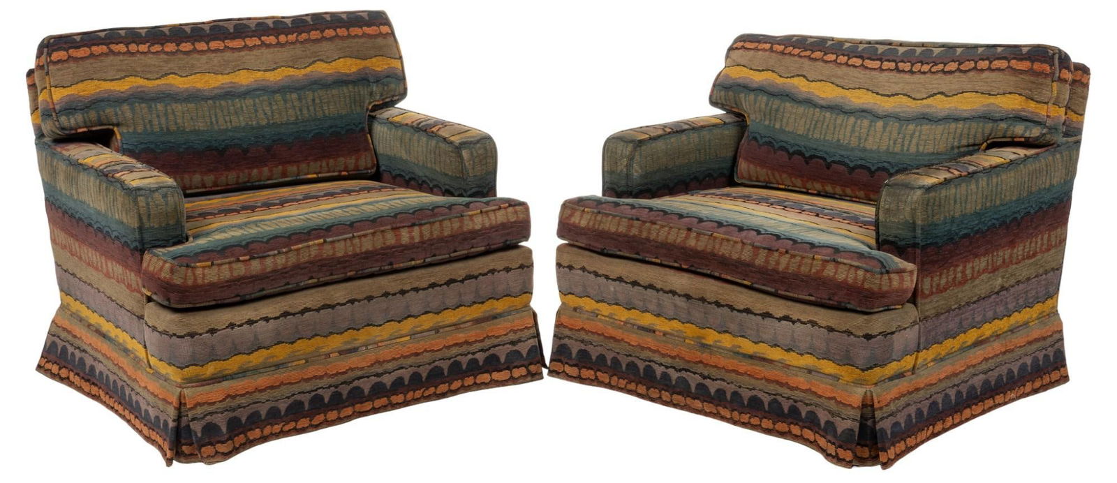 Pair of Arm Chairs: Pair of cushioned armchairs, featuring colorful patterned fabric upholstery height 30 in. x width 35.5 in. x depth 31 in. Shipping available for this lot through our partner 4CL; please request a s
